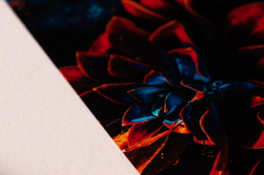 Red and blue flower printed on BreathingColor's Mint Smooth Art Paper